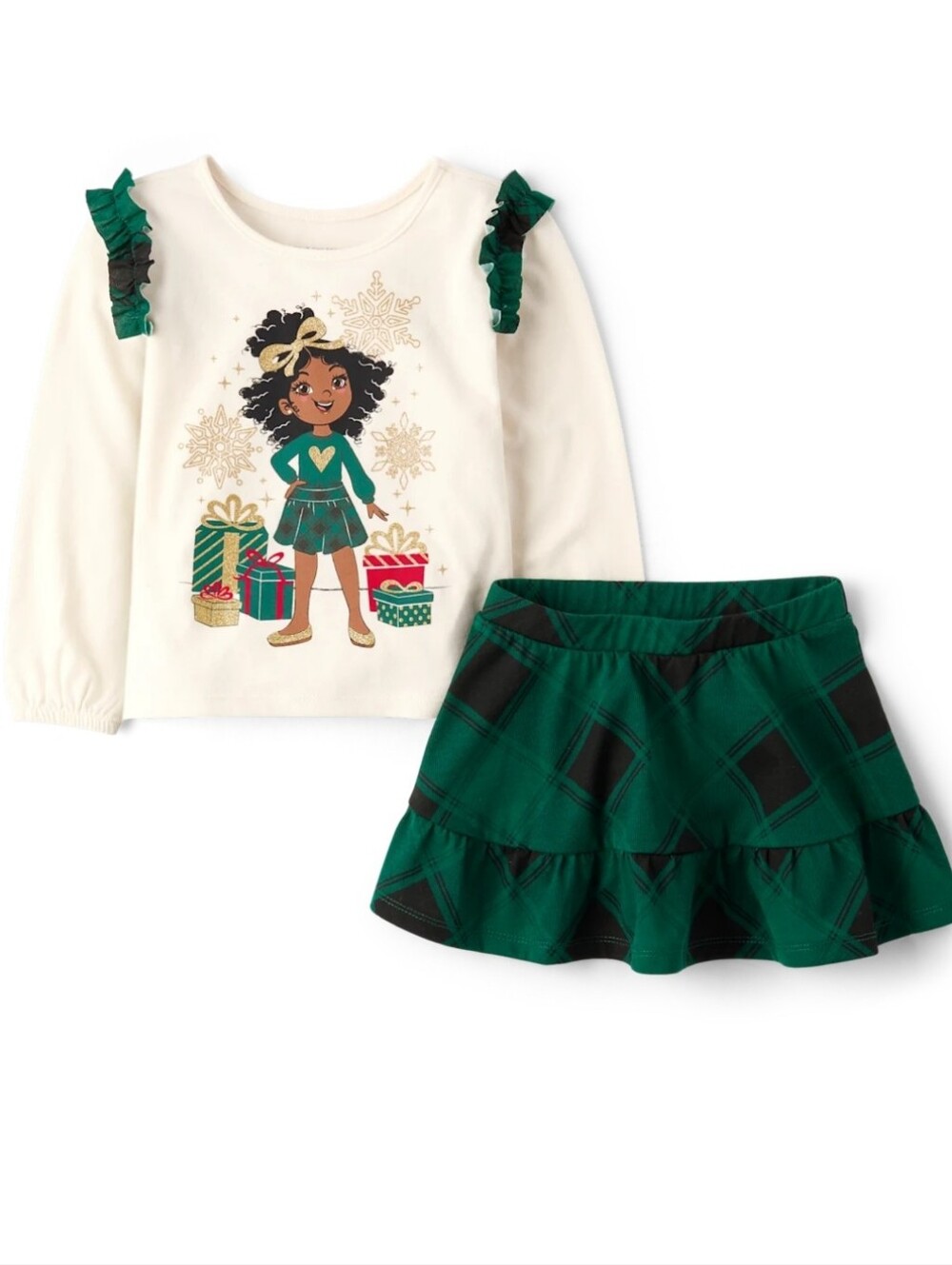 Girls Holiday Green Plaid Skirt & Cream Graphic Top Set, Size 2T